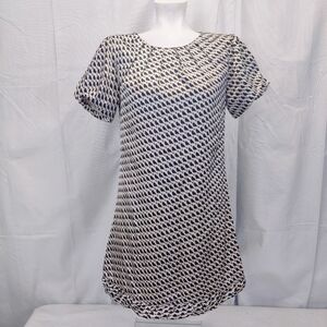 INK Black Bird Silk Dress Womens Med Pleated Jewel Neckline Short Bubble Sleeve